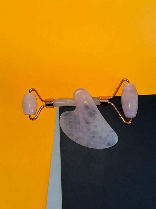 Rodillo Facial y Gua Sha de Cuarzo Rosa Plano